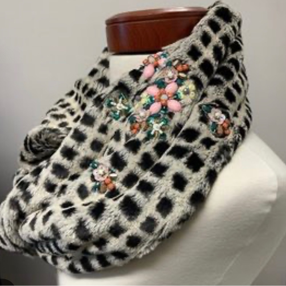 Anthropologie Sleeping on Snow Faux Fur Infinity Scarf RARE Jeweled Embellished